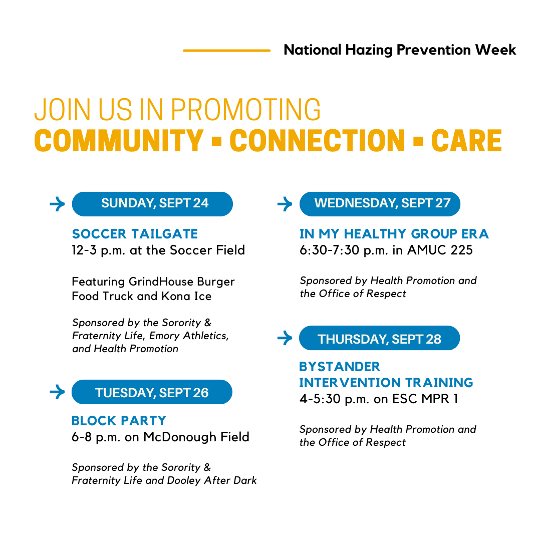 Flyer: list of events for National Hazing Prevention Week 2023