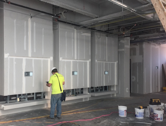 Sheetrock walls are in place on level 2, framing the locations where three gaming stations will be installed in the recreation lounge.