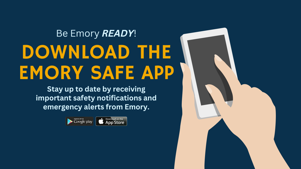 hand holding phone with message to download Emory Safe app