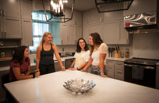 Four sorority sisters enjoying renovated kitchen